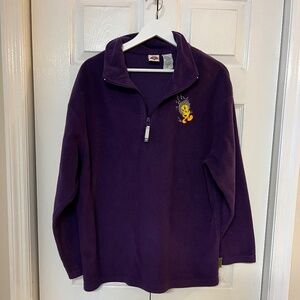 Warner Bros Looney Tunes Vintage Tweety Purple Half Zip Fleece Pullover Sweater